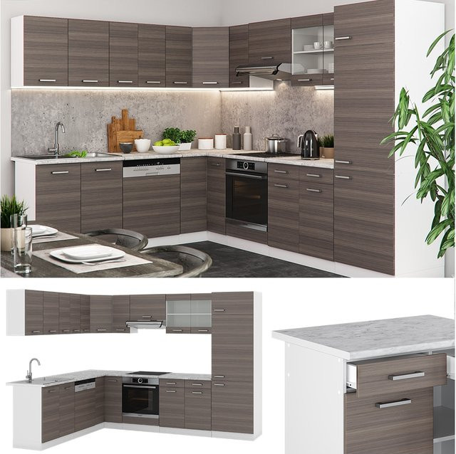 Vicco R-Line Eckküche Einbauküche in Edelgrau und Weiß, B/T/H: 227 x 287 x 207 cm - Bild 1