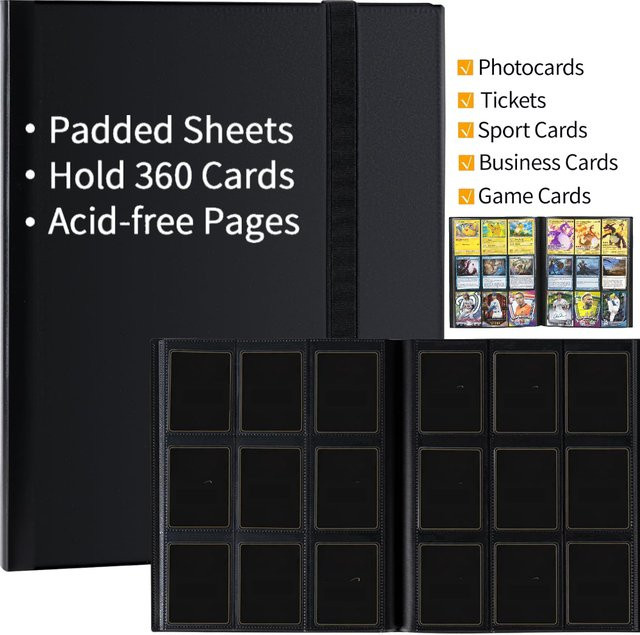 Kartenordner in Schwarz mit 9 Taschen für 360 Karten, elegantes Sammelalbum mit seitlicher Kartenladung für Spiel- und Baseballkarten - Bild 1