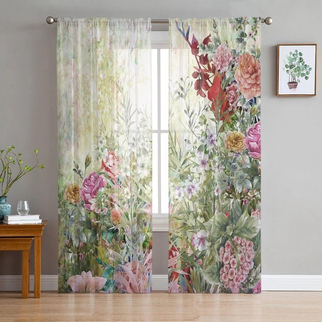 Transparenter Tüllvorhang mit Blumenmuster in Rosa von Your Warm Home, Breite: 135 cm, Höhe: 114 cm - Bild 1