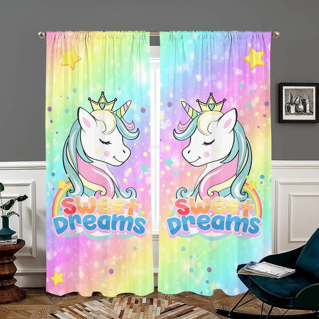 2er-Set Cartoon-Einhorn-Vorhänge in Weiß, halbtransparent mit Grafikdesign, B: 150 cm, H: 166 cm - Bild 1