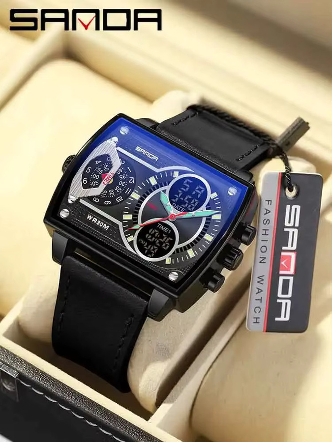 SANDA Armbanduhr, Analog-Digital, Quarz, Leder, Schwarz, Herren - Bild 3