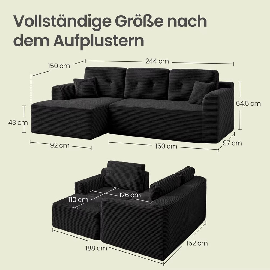 VASAGLE Ecksofa als modulares Schlafsofa mit Chaiselongue links, Farbe: Weiß, Breite: 244 cm - Bild 2