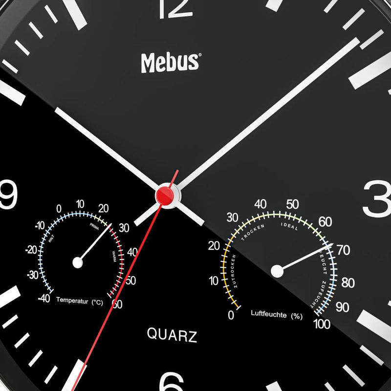 Mebus Wanduhr schwarz rund mit Quarzwerk und Klimastation, Durchmesser: 25 cm - Bild 2