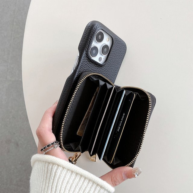 Luxuriöse iPhone Hülle aus PU-Leder mit Litschi-Schalenmuster und Kartenhalter in Schwarz - Bild 1