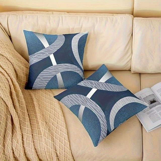 VIKAMA 2er-Set moderne geometrische Kissenbezüge in Blau-Weiß mit Reißverschluss, B/T/H: 45 x 45 x 0 cm - Bild 1
