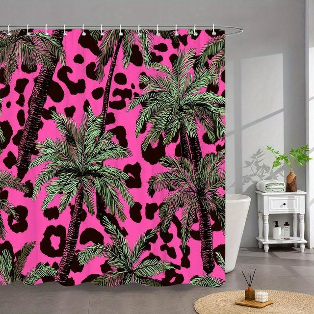 Duschvorhang Monika Chen mit tropischem Leopardendruck und rosa Dschungelpalmen-Design aus Polyester, Farbe: Rosa, B: 90 cm, H: 180 cm - Bild 1