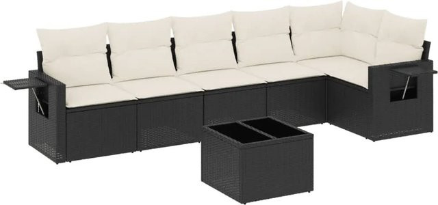 vidaXL 7-teilige Garten-Sofagarnitur in L-Form aus Poly-Rattan mit Kissen in Schwarz-Creme - Bild 1