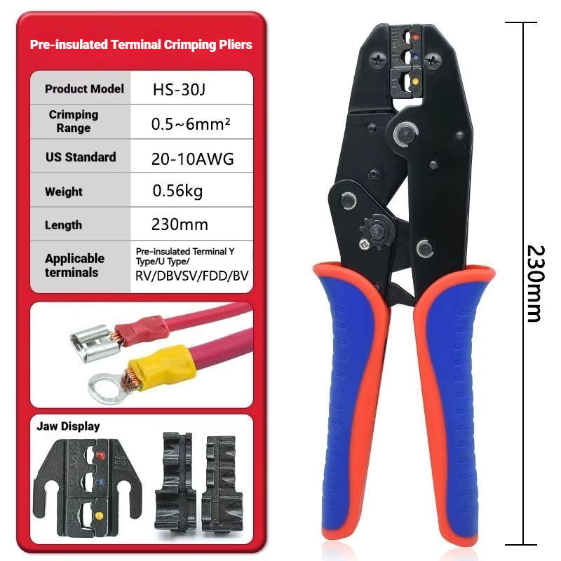 HS-30J Crimpzange für isolierte Anschlüsse, elektrische Ratschenzange für Draht AWG 20–10 (0,5–6 mm2) und RV/SV/FDD/MDD-Steckverbinder, Multicolor - Bild 2