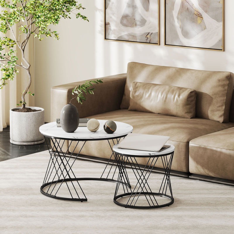 HOMCOM Couchtisch 2er Set in Weiß mit Marmoroptik und Metallrahmen für dein Wohnzimmer oder Schlafzimmer - Bild 2