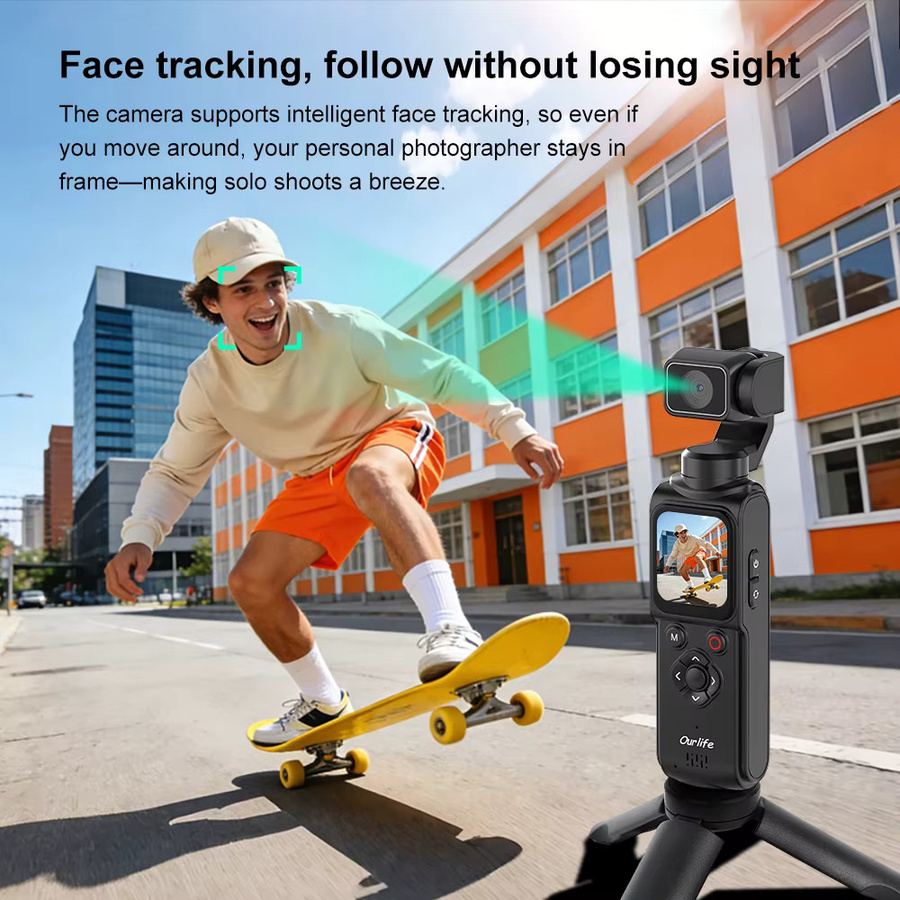 Ourlife 4K Pocket Gimbal Actionkamera mit 75MP, 330 Grad Rotation, Auto-Tracking und 1,7-Zoll-Touchscreen in Schwarz - Bild 3