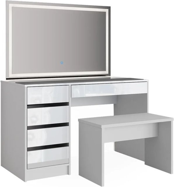 Vicco Schminktisch Sherry Weiß Hochglanz mit LED-Spiegel, Bank und 5 Schubladen, B: 120 cm, H: 75 cm, T: 55 cm - Bild 2