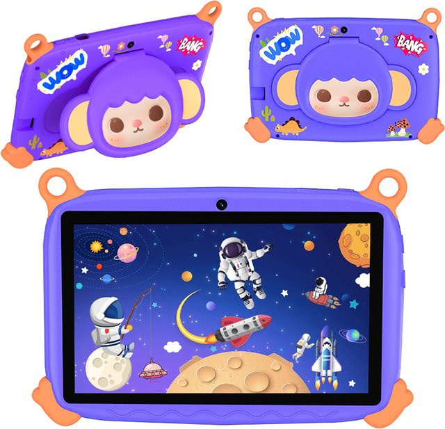Kinder-Tablet BDF mit 7 Zoll Display, Cartoon-Affen-Muster, Android 13, 4GB RAM, 64GB ROM, 1TB erweiterbar, 4000mAh Akku und Duale Kameras in Blau oder Lila - Bild 1