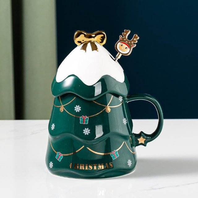 Grüne Keramik-Weihnachtstasse mit Deckel von Yiran Furniture, 450 ml - Bild 1