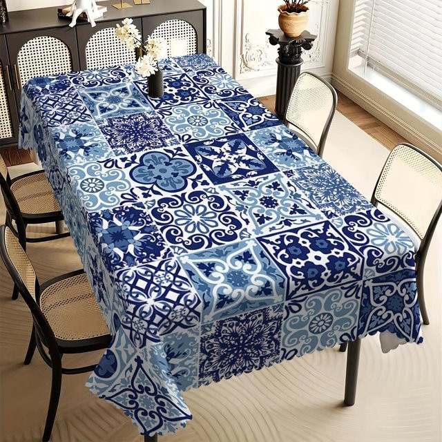 Rechteckige Tischdecke von JMG Household Supplies in Blau mit Kachel-Patchwork-Design im Bohème-Stil, B/B: 140 x 180 cm - Bild 1