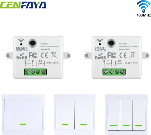 CENFAYA Kabelloser 3-Gang Lichtschalter mit RF-Technologie und Relais-Empfänger-Controller, 86 Wandpaneel, 230 V, ohne Verkabelung - Bild 1