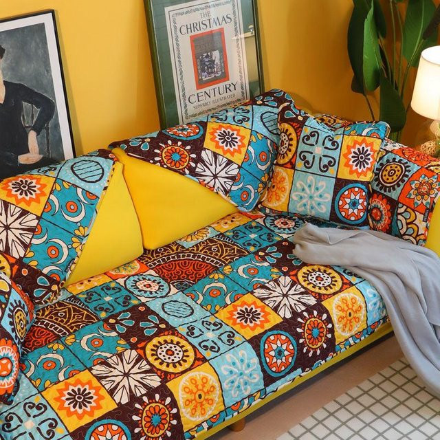Rutschfeste Sofamatte aus reiner Baumwolle mit kariertem Patchworkmuster im Boho-Stil, B/T/H: 210 x 70 cm, Mehrfarbig - Bild 1