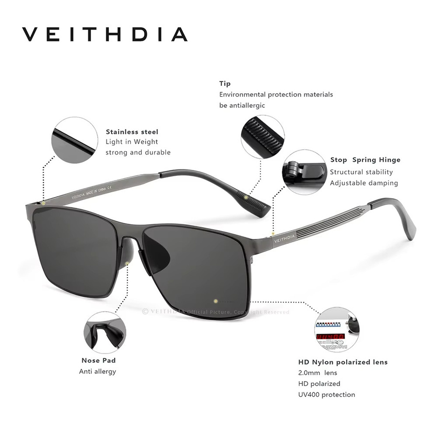 VEITHDIA V82FA26 Sonnenbrille, polarisiert, Vollrand, Metall, Unisex - Bild 5