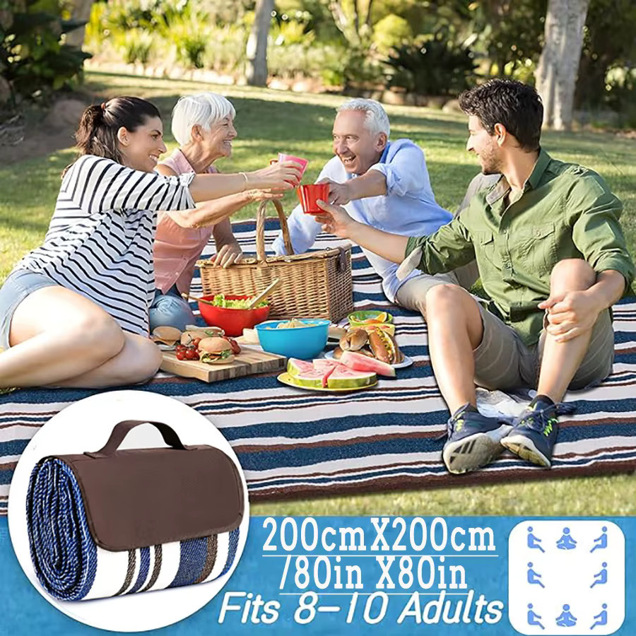ZHUOHUA Wasserdichte faltbare Outdoor-Picknickdecke in Blue White Grid, extra groß mit praktischer Tragetasche für Camping und Strand - Bild 5