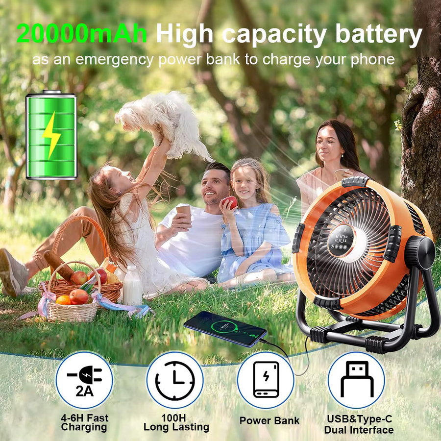 Raugee Camping Ventilator mit 20000mAh Akku, tragbarer Outdoor-Deckenventilator mit Licht und Haken, wiederaufladbar, Grau/Orange - Bild 5