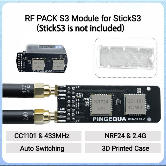 PINGEQUA RF PACK S3 Entwicklungsboard für M5Stack StickS3, 433MHz CC1101 & NRF24L01 RF Explorer, Bruce-kompatibel, Schwarz - Bild 1
