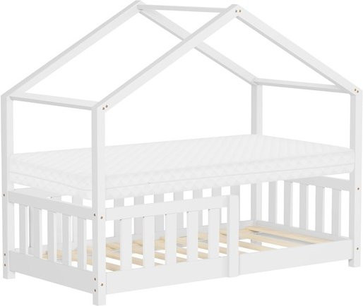 ML-Design Kinderbett Hausbett aus Kiefernholz in Weiß mit Matratze, Lattenrost und Rausfallschutz, B: 140 cm, T: 70 cm, H: 10 cm (Matratze) - Bild 1