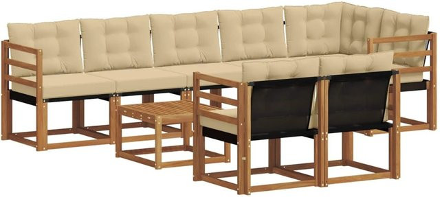 vidaXL Outdoor-Sofagarnitur 9-teilig aus Akazienholz und Textilene in Natur-Beige mit Kissen und Armlehnen - Bild 1
