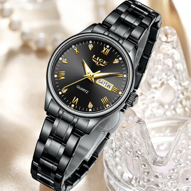 LIGE Armbanduhr Quarz, Edelstahl, Silikon, Schwarz, Damen - Bild 1