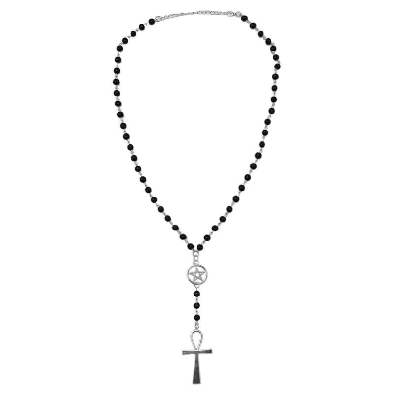 imixlot Rosenkranz-Halskette, Ankh und Pentagramm, schwarze Perlen, Damen - Bild 4