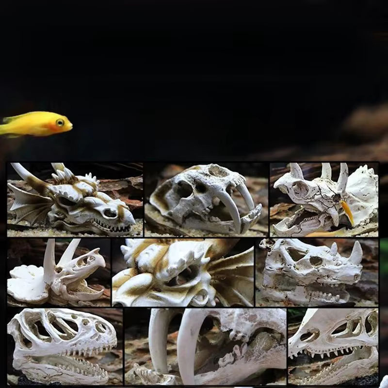 Strong-Toyers Dinosaurier Kopf Schädel Ornament aus Kunstharz in Weiß für dein Aquarium oder als Halloween Dekoration - Bild 5