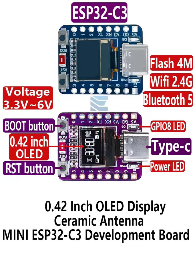 EGBO Mini ESP32-C3 Entwicklungsboard mit 0,42 Zoll OLED Display, 4 MB Flash, WiFi, Bluetooth und USB Typ-C in Lila - Bild 6