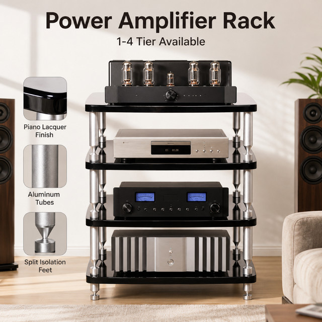 PIVASY HiFi-Audiorack in Schwarz mit Klavierlack-Finish und höhenverstellbaren Aluminium-Stoßdämpfern für Studiomonitore und Heimkinosysteme - Bild 1