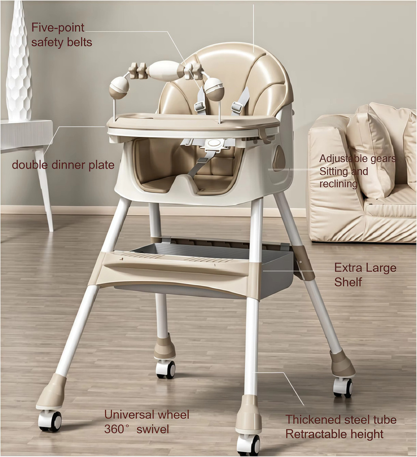 Klappbarer Baby-Fütterungsstuhl von Magic ZC in Grau oder Beige mit 360 Grad Drehsitz und Rollen - Bild 2