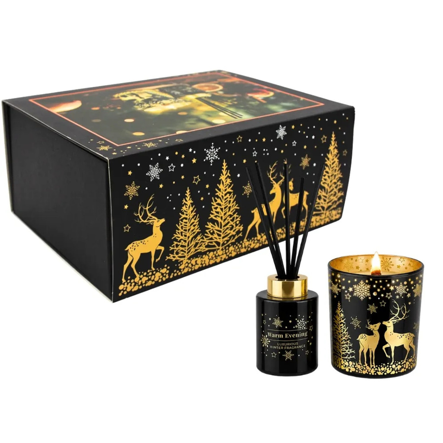 Dekohelden24 Weihnachtsgeschenkset mit Duftkerze und Reed Diffuser in Schwarz, Duftrichtung Fruchtig, Würzig und Floral, B/T/H: 23 x 17 x 10 cm - Bild 2