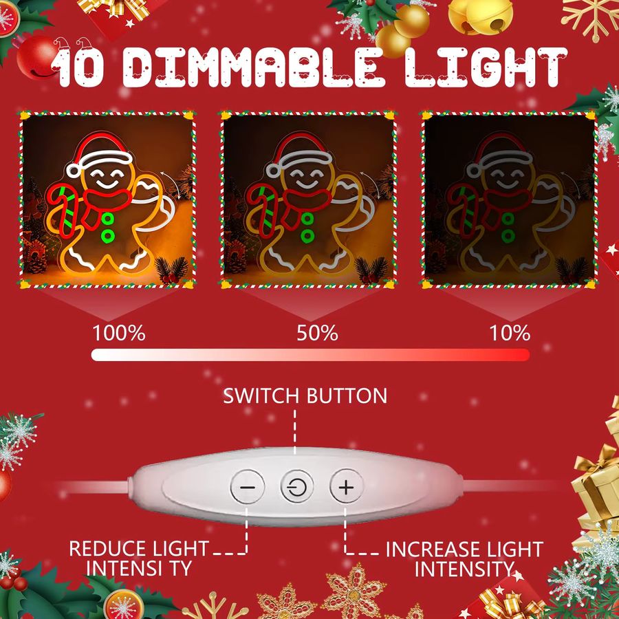 Wanxing Neonschild Winkender Lebkuchenmann als animierte Weihnachts-Wanddekoration mit Flimmer-Design und Dimmfunktion - Bild 4