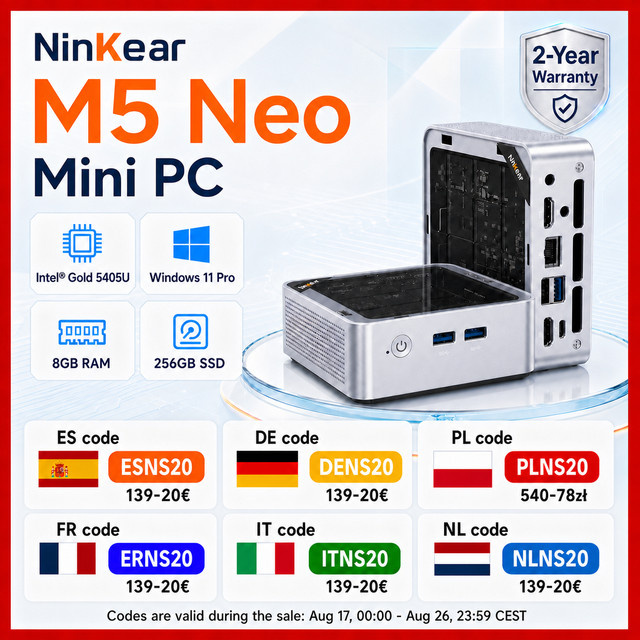 Ninkear M5 Neo Mini PC in Silber mit Intel Pentium Gold 5405U, 8GB RAM, 256GB SSD, Windows 11, Dual HDMI, WLAN und Bluetooth - Bild 1