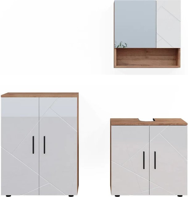 Vicco Badmöbelset Irma in Eiche und Weiß Hochglanz, 3-teiliges Badezimmer-Set mit Spiegelschrank und Unterschrank Breite: 60 cm - Bild 2