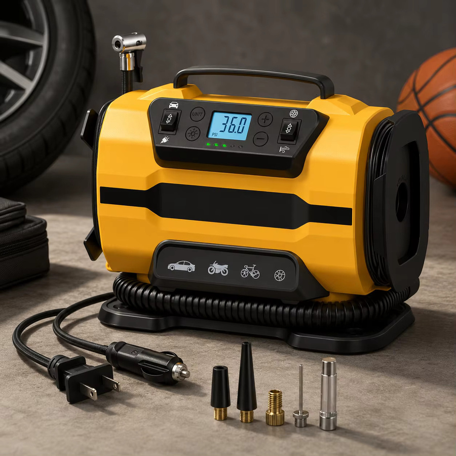 DWiusty Tragbarer Luftkompressor mit Dual-Power 110V-230V AC/DC, Reifenfüller für Auto, Boot, Fahrrad und Matratze in Gelb - Bild 2