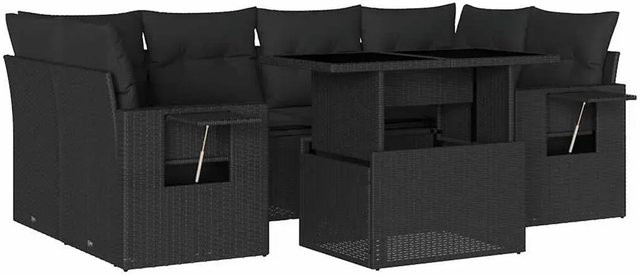 vidaXL 7-teilige Garten-Sofagarnitur in L-Form aus schwarzem Poly-Rattan mit Kissen und pulverbeschichtetem Stahlgestell - Bild 1