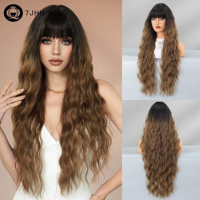 7JHH WIGS Perücke für Damen, lange wassergewellte Ombre-Braun-Perücke, synthetisch - Bild 1