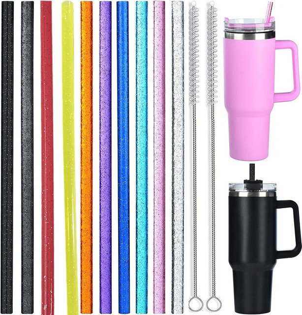 10er Pack wiederverwendbare Kunststoff-Ersatzstrohhalme mit Glitter für Stanley Becher 40 oz und 30 oz, Länge: 30,48 cm, inklusive 2 Reinigungsbürsten - Bild 1