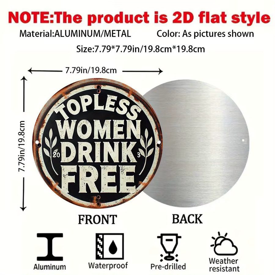 Potdemiel Vintage Aluminium-Wandkunst Topless Women Drink Free Metallschild Schwarz B: 20 cm, H: 20 cm - Bild 2