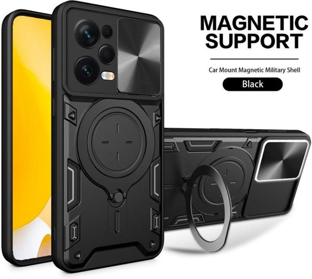 Panzer Schutzhülle für Xiaomi Poco X5 Pro 5G mit Schiebe-Kameraobjektivschutz und magnetischem Ringhalter in Schwarz - Bild 1