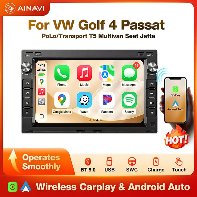 AINAVI 7 Zoll 2 Din Autoradio mit Wireless Carplay und Android Auto, IPS Touchscreen, Bluetooth 5.0, Schwarz, passend für VW Golf 4, Jetta MK4, Passat B5, Multivan T5, Polo 4, Seat Leon und Skoda EOS - Bild 1