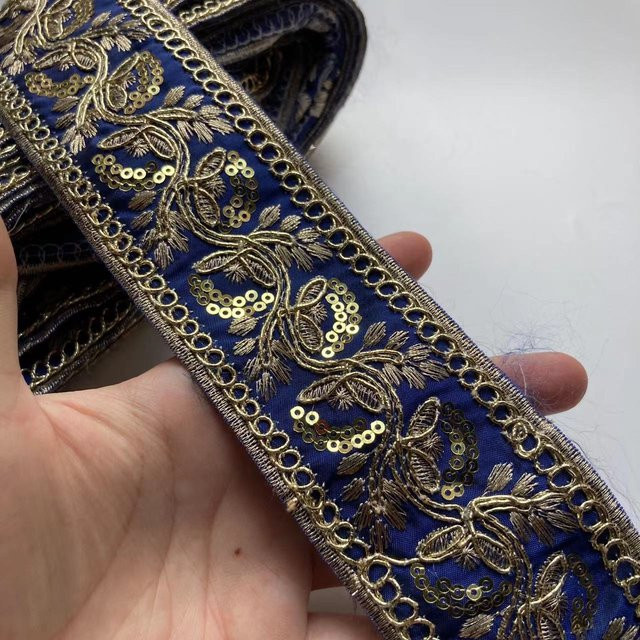 YUMMY Ethnische Spitzenborte Blau und Gold mit Rauten-Pailletten und Glitzerband, Breite: 5 cm - Bild 1