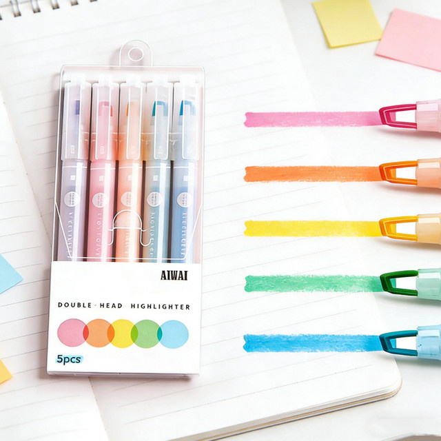 Mehrfarbiges Set mit Soft-Tip-Markierungsstiften und zwei Spitzen für Schule und Büro, Highlighter mit Sichtfenster und Keilspitze - Bild 1