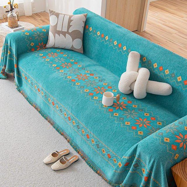 Universal Sofabezug im Boho-Design mit Jacquard-Muster, rutschfest, Farbe: Blau/Türkis, Breite: 130 cm, Länge: 180 cm - Bild 1