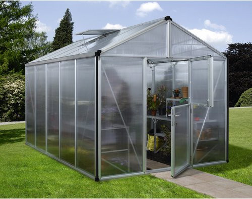 VITAVIA Gewächshaus Zeus mit 10 m² Anbaufläche, silberfarben, aus Aluminium und Polycarbonat mit geteilter Flügeltür und Dachfenstern - Bild 1