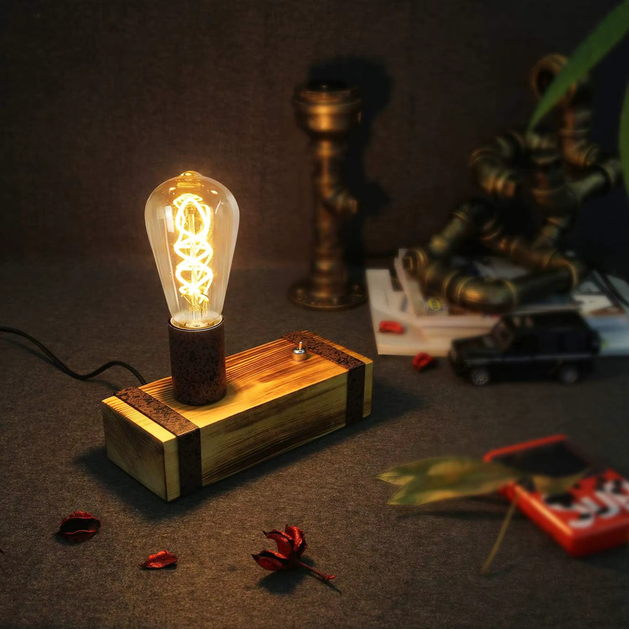 Vintage Tischlampe aus Holz im Industrial Design mit E27 Fassung, Höhe: 20 cm - Bild 3