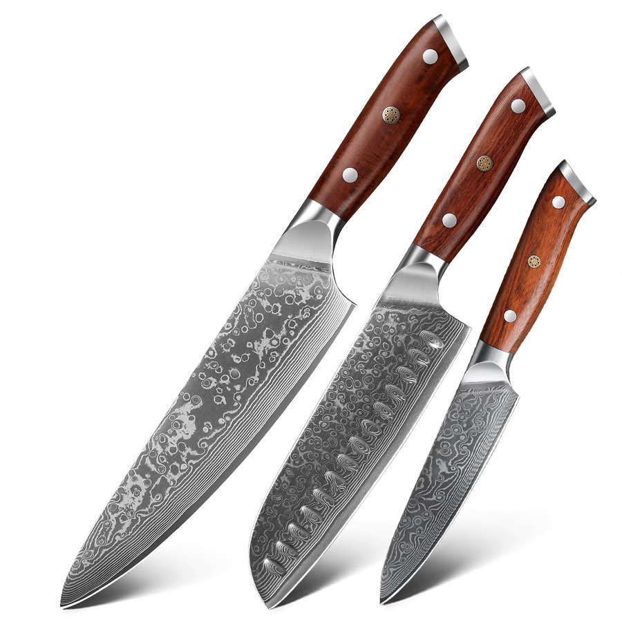 Baovim 1- oder 3-teiliges Japanisches Küchenmesser-Set aus geschmiedetem Damaszener Stahl mit Rosenholzgriff in Braun - Bild 6