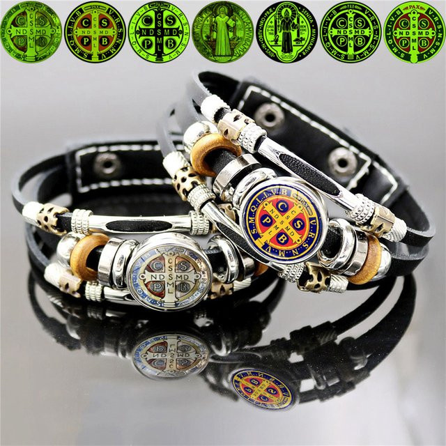 YUMEI Lederarmband, Heiliger Benedikt-Medaille, Silber, Unisex - Bild 1